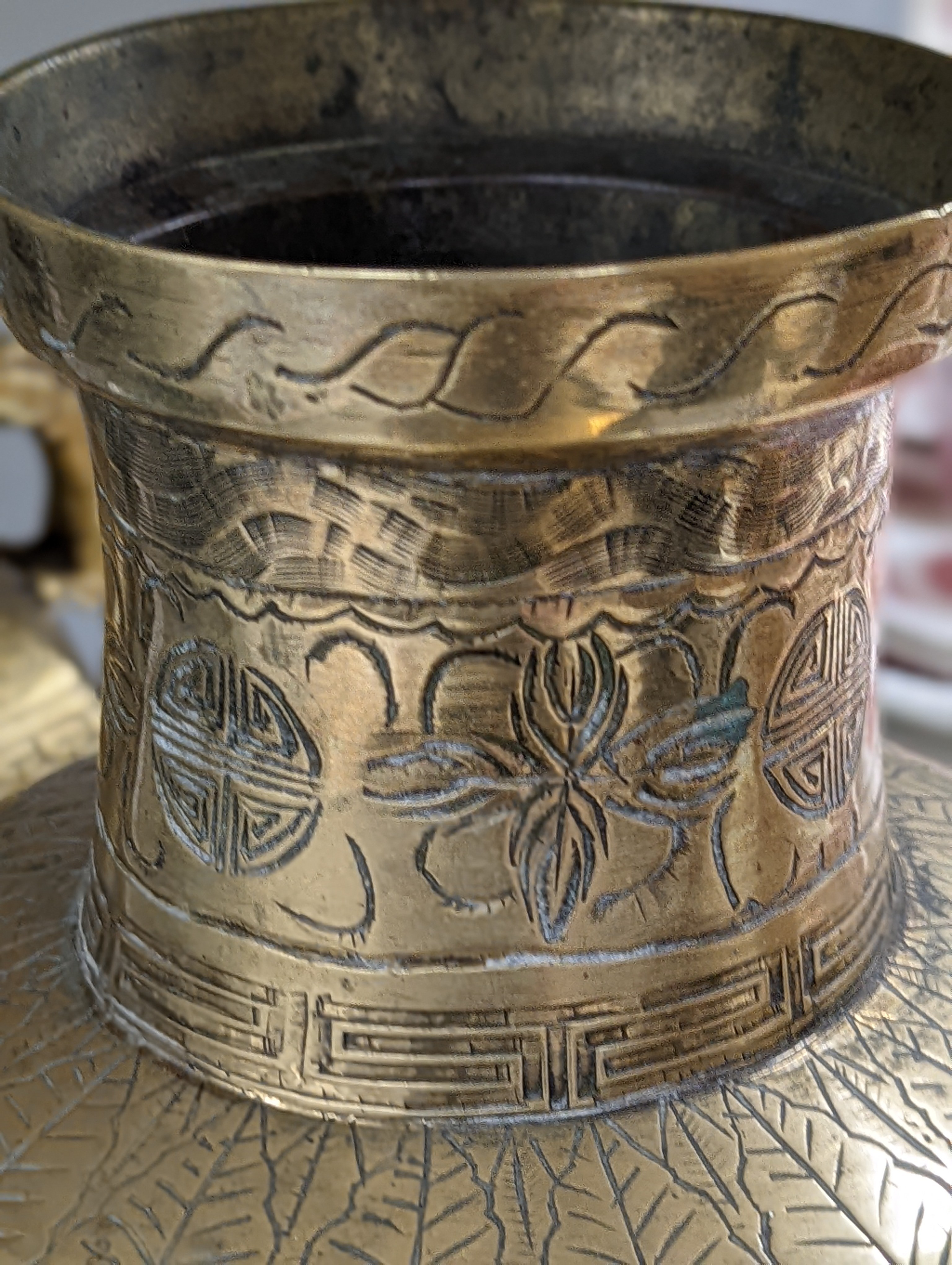 Two early 20th century Chinese bronze vases and a similar tray, 35cm diam.